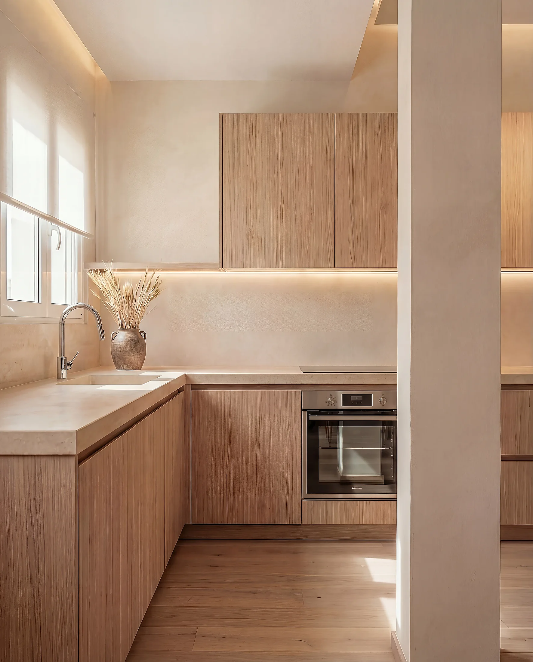 Scandinavian kitchen renovation in Stockholm. Light oak cabinets and custom storage by Hemreform